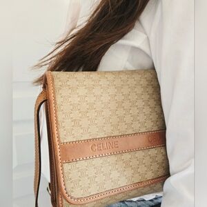 Authentic CELINE‎ Macadam Vintage Large Crossbody Bag Leather Clutch